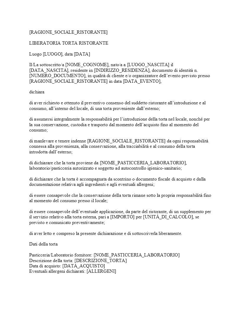 Liberatoria torta ristorante​
