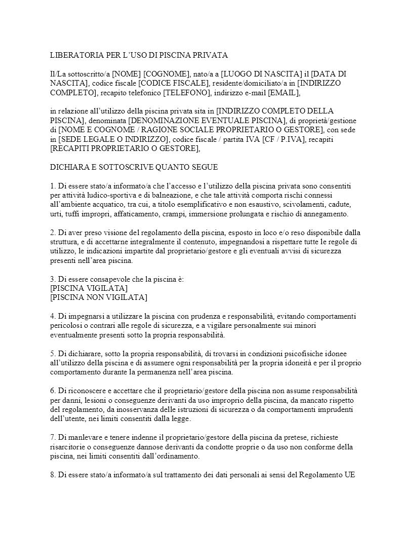 Liberatoria uso piscina privata​