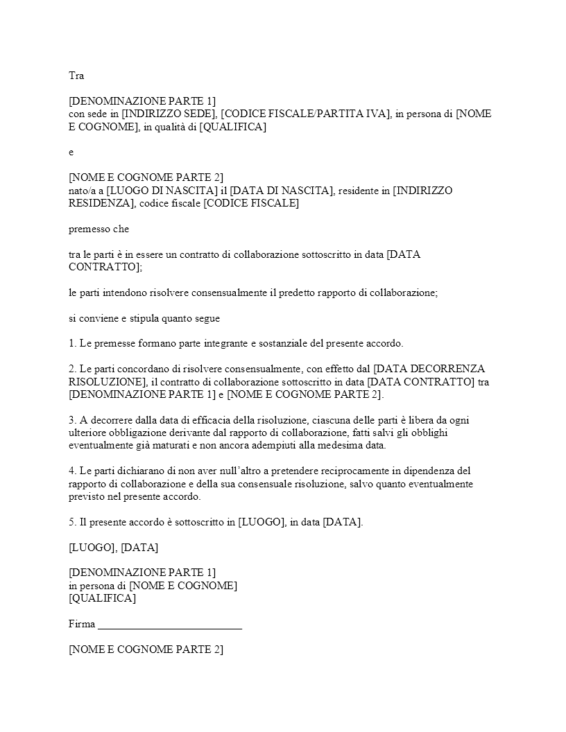 Risoluzione consensuale contratto di collaborazione​