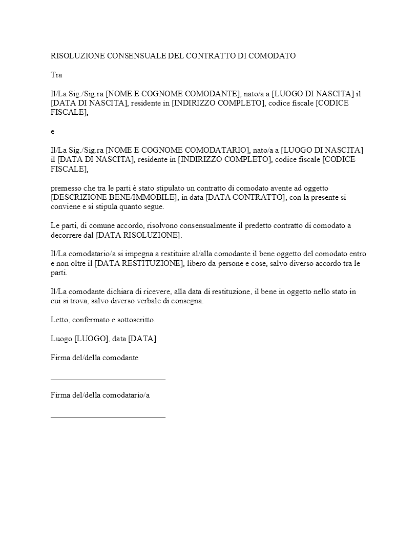 Risoluzione consensuale contratto di comodato​