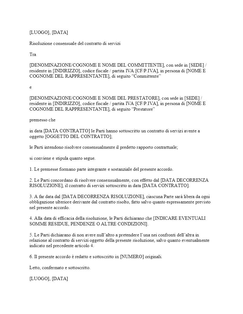 Risoluzione consensuale contratto di servizi​