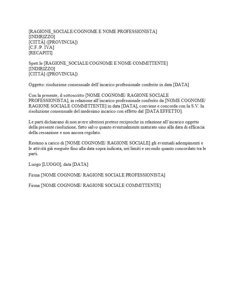 Risoluzione consensuale incarico professionale Risoluzione consensuale incarico professionale