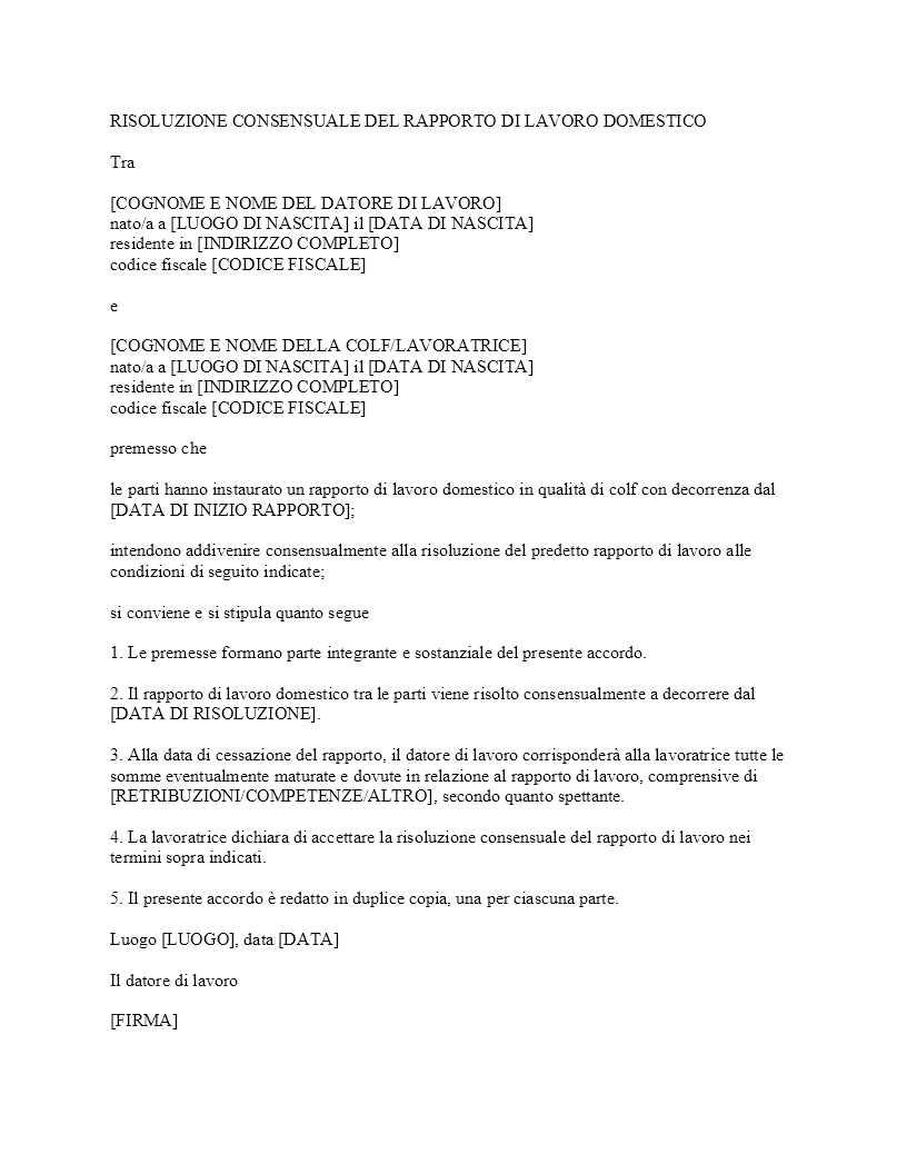 Risoluzione consensuale Colf Risoluzione consensuale Colf