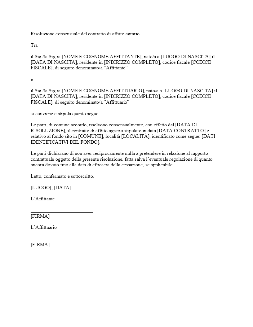 Risoluzione consensuale contratto affitto agrario​
