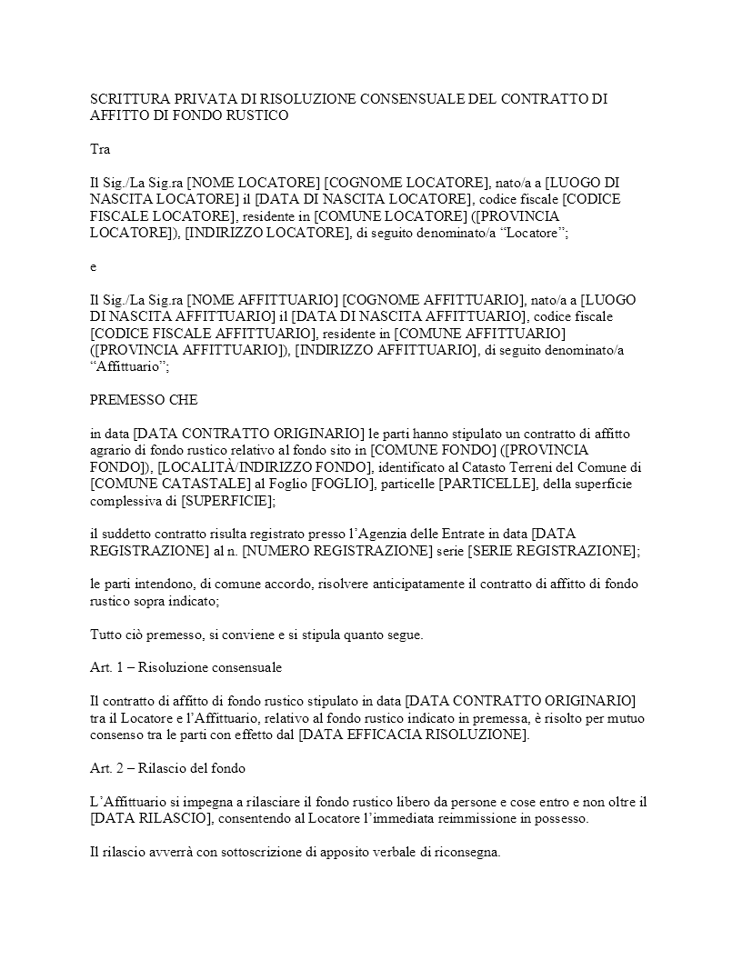Risoluzione consensuale contratto affitto fondo rustico​