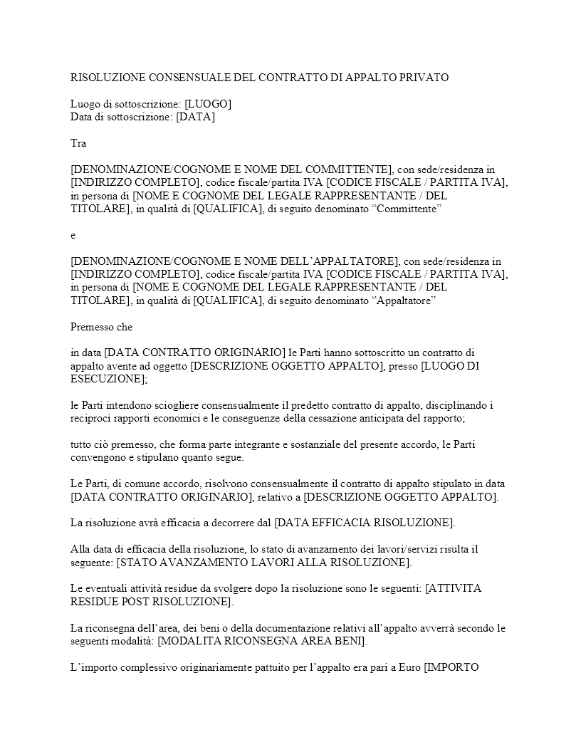 Risoluzione consensuale contratto appalto privato​