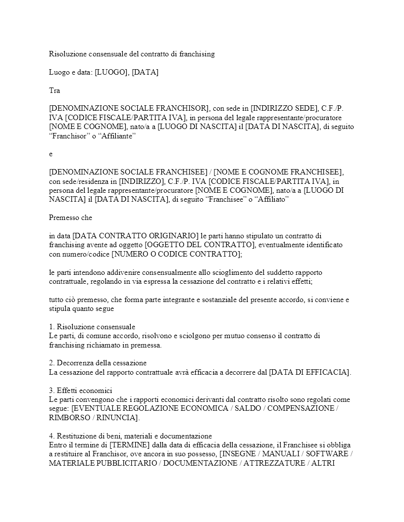 Risoluzione consensuale contratto franchising​