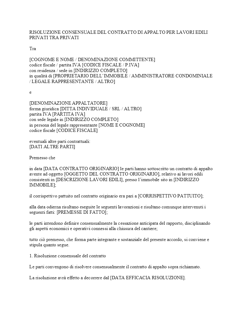 Risoluzione consensuale contratto lavori edili privati Risoluzione consensuale contratto lavori edili privati