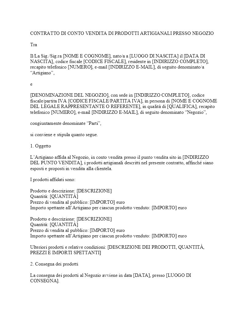 Contratto conto vendita prodotti artigianali presso negozio Contratto conto vendita prodotti artigianali presso negozio