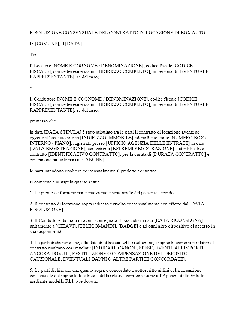 Risoluzione consensuale contratto di locazione box auto