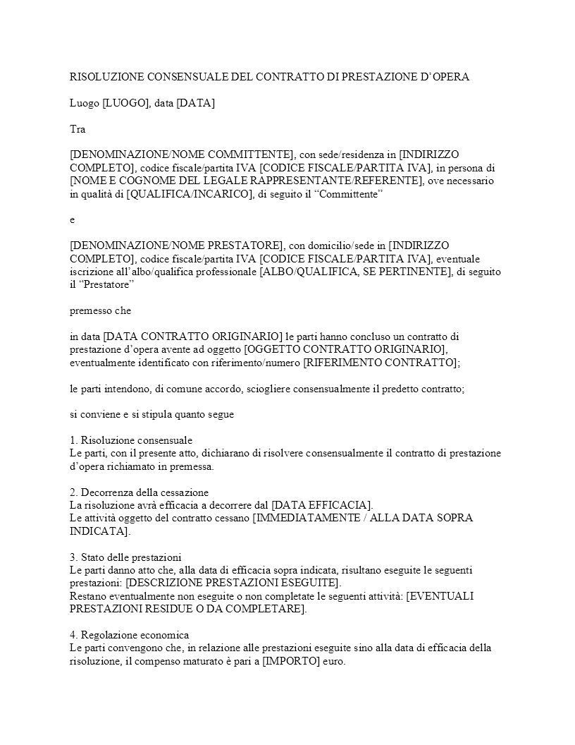 Risoluzione consensuale contratto di prestazione d'opera​