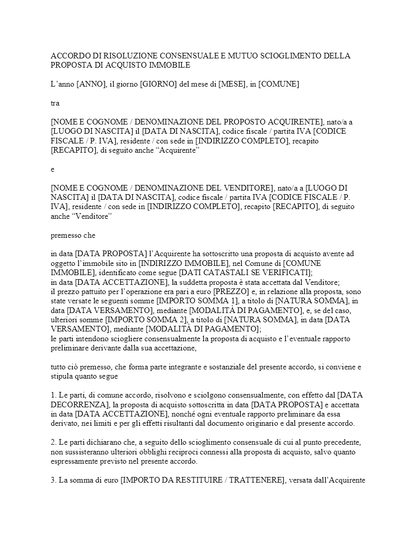 Risoluzione consensuale proposta di acquisto immobile​